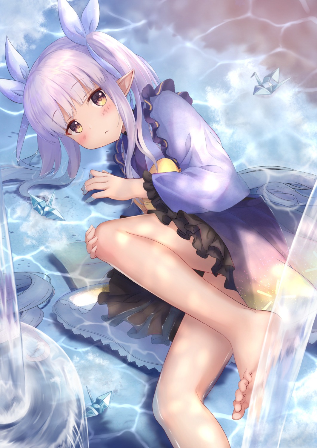 feet hikawa_kyouka japanese_clothes pointy_ears princess_connect princess_connect!_re:dive skirt_lift wet wet_clothes yuririn_poi