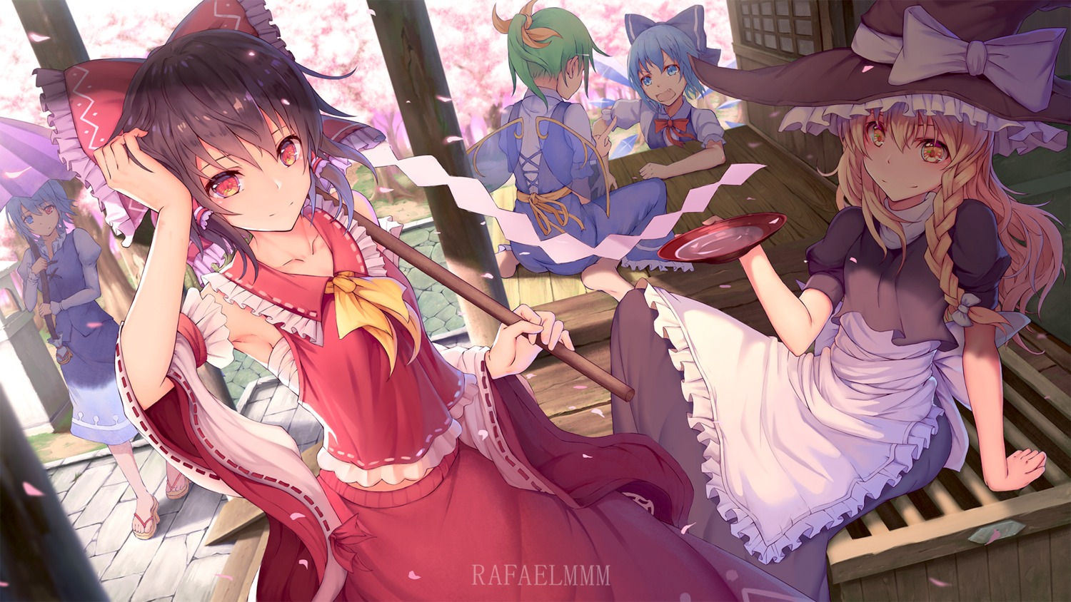 cirno daiyousei feet hakurei_reimu heterochromia kirisame_marisa rafael-m sake sarashi tatara_kogasa touhou umbrella wallpaper wings witch