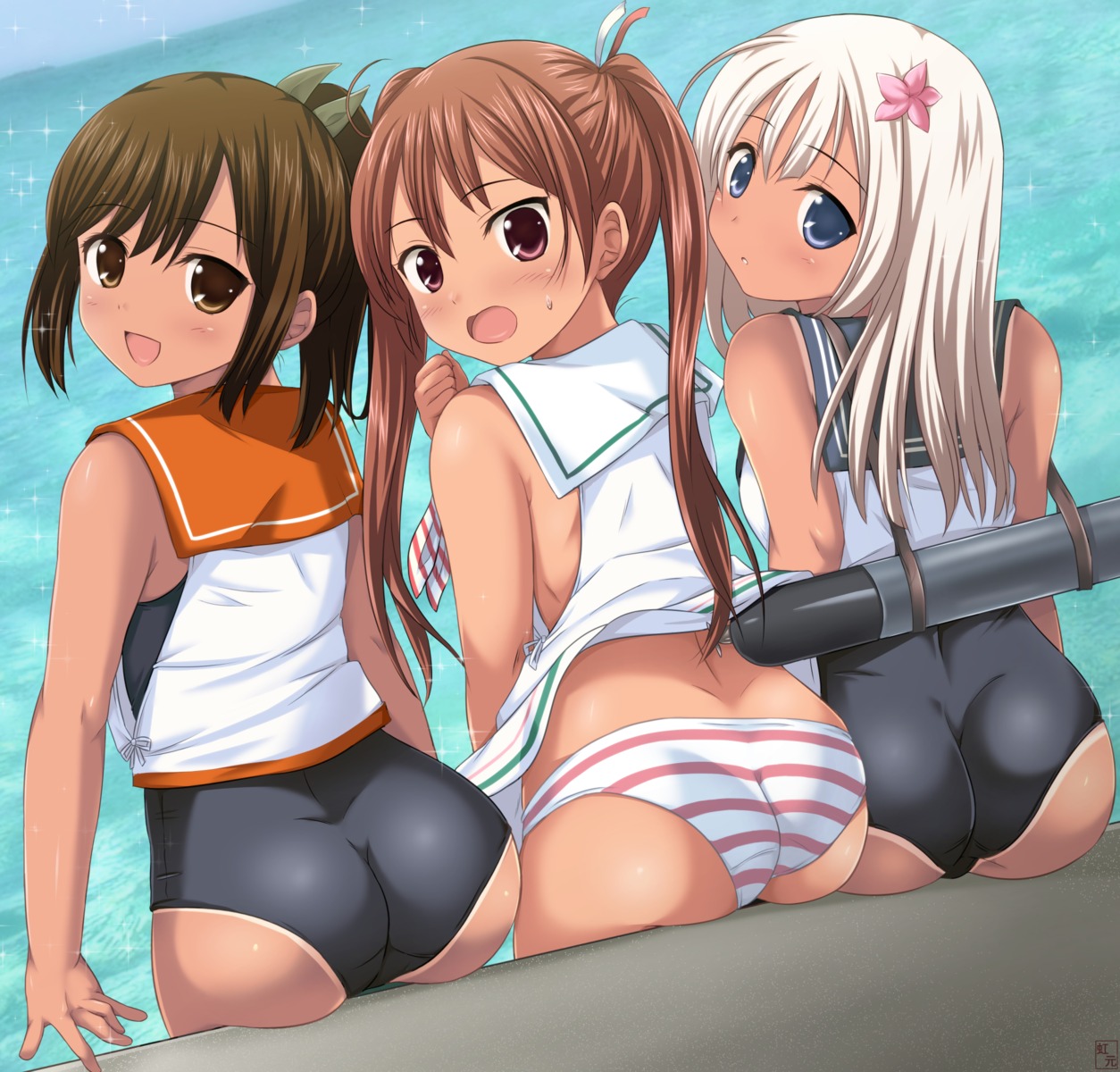 ass i-401_(kancolle) kantai_collection libeccio_(kancolle) loli nijimotohiro_k pantsu ro-500 school_swimsuit seifuku skirt_lift swimsuits tan_lines