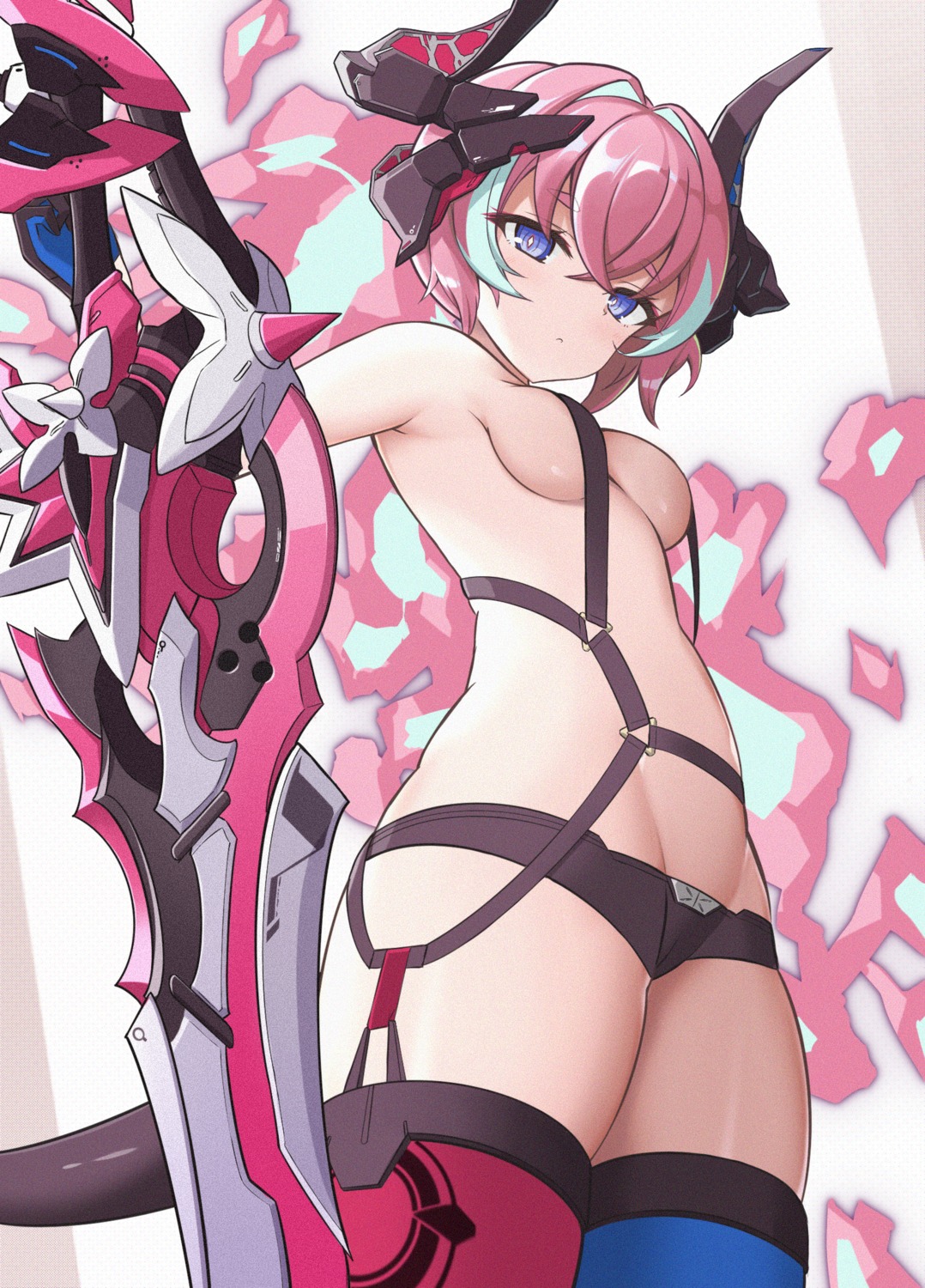 benghuai_xueyuan budesonide honkai_impact horns no_bra rozaliya_olenyeva see_through stockings sword tail thighhighs