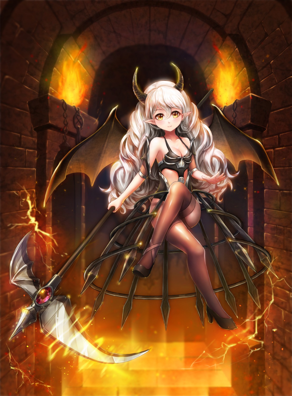 cleavage heels horns leotard lunacle pantyhose pointy_ears thighhighs weapon wings