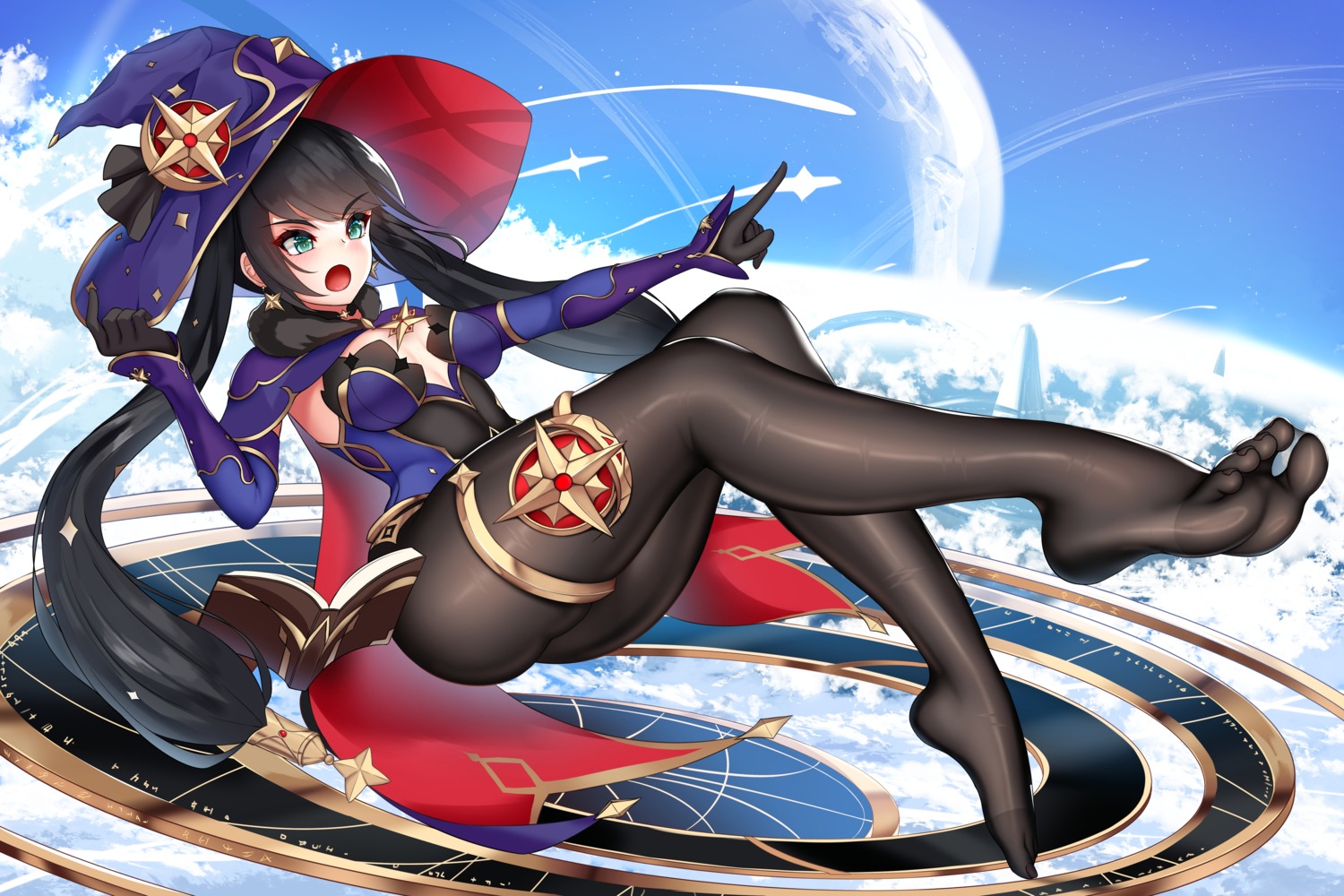 damao_yu feet garter genshin_impact leotard mona_megistus no_bra pantyhose witch