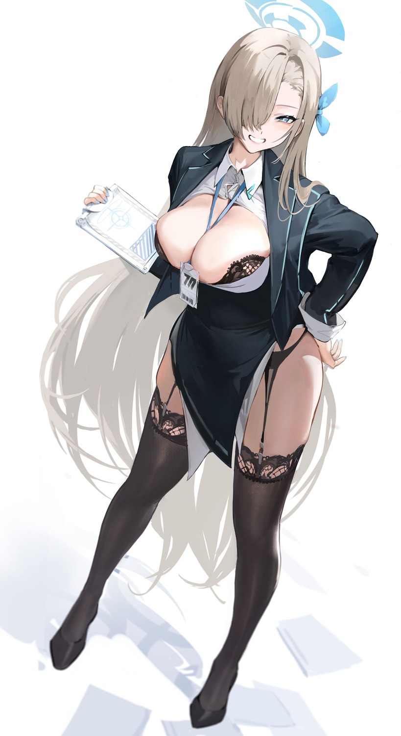 blue_archive bra dress_shirt garter_belt halo ichinose_asuna open_shirt stockings takune019 thighhighs