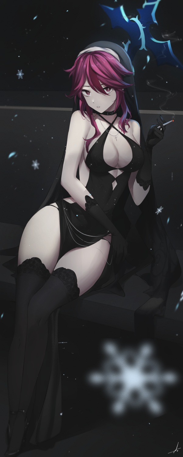 feint721 genshin_impact no_bra nun rosaria smoking thighhighs