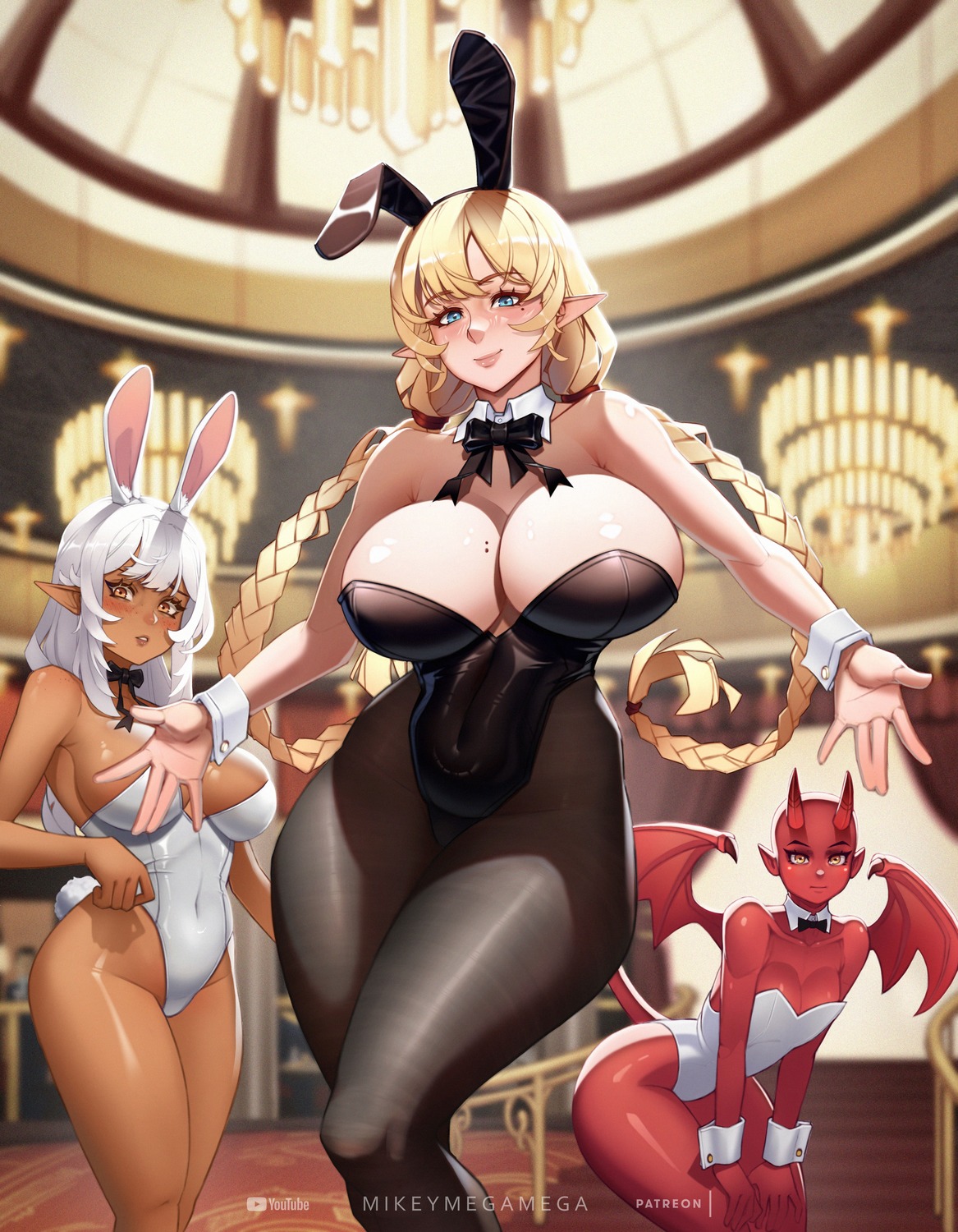 animal_ears bunny_ears bunny_girl horns mikeymegamega no_bra pointy_ears tail wings