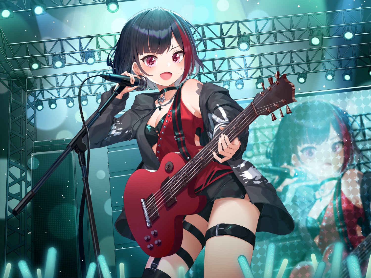 bang_dream! bra cleavage garter guitar mitake_ran munseonghwa open_shirt stockings thighhighs