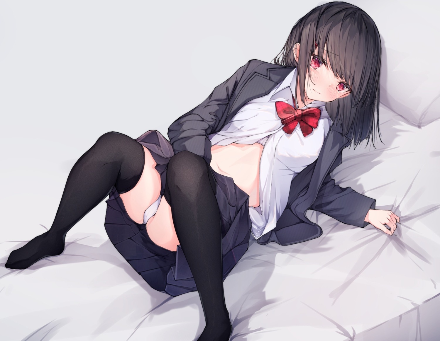 bra megumi_kei open_shirt pantsu seifuku skirt_lift thighhighs