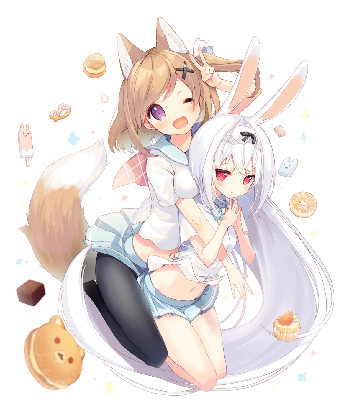 animal_ears bunny_ears cynthia_riddle kitsune p19 pantyhose seifuku shirt_lift skirt_lift sylvie_milia_leclerc tail