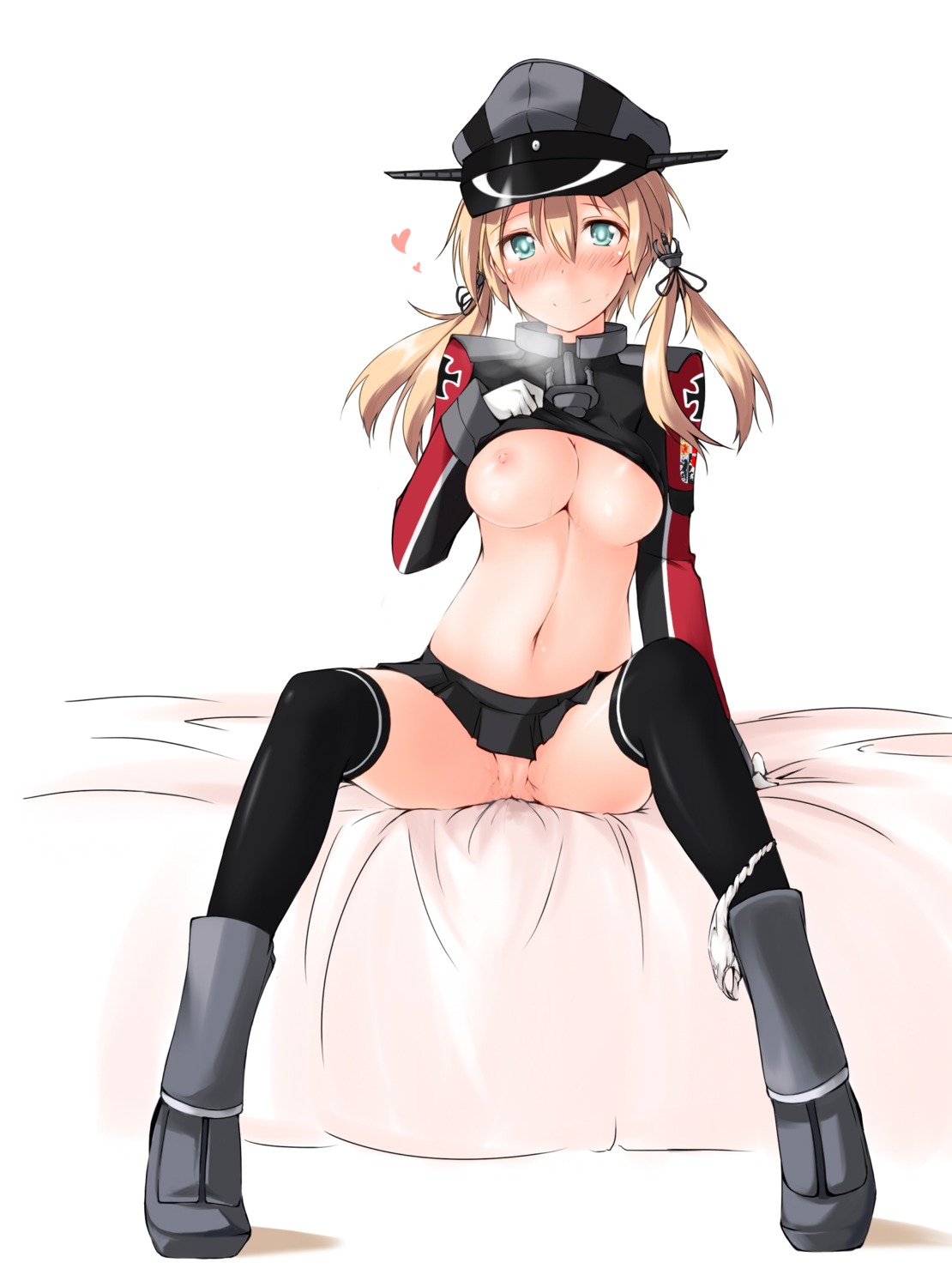 breasts kaminagi_(kaminagi-tei) kantai_collection nipples no_bra nopan prinz_eugen_(kancolle) pussy pussy_juice shirt_lift thighhighs