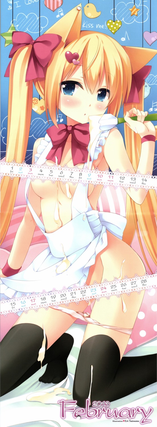 animal_ears calendar cream naked_apron natsume_eri nekomimi panty_pull stick_poster thighhighs