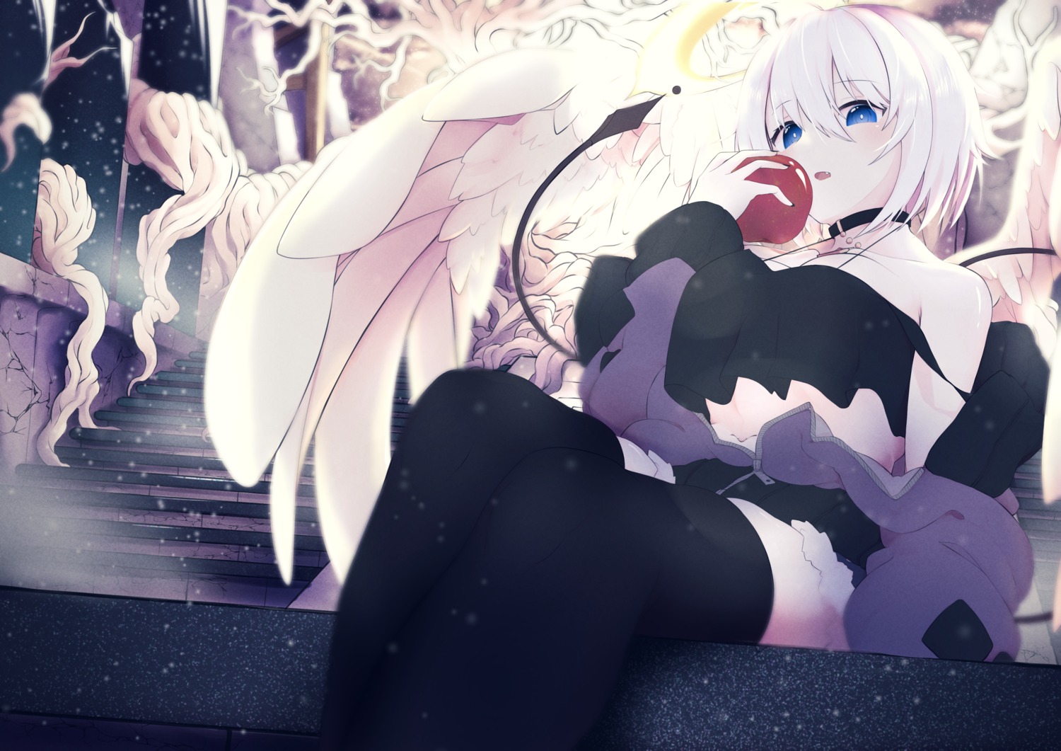 angel deltapluto no_bra thighhighs wings