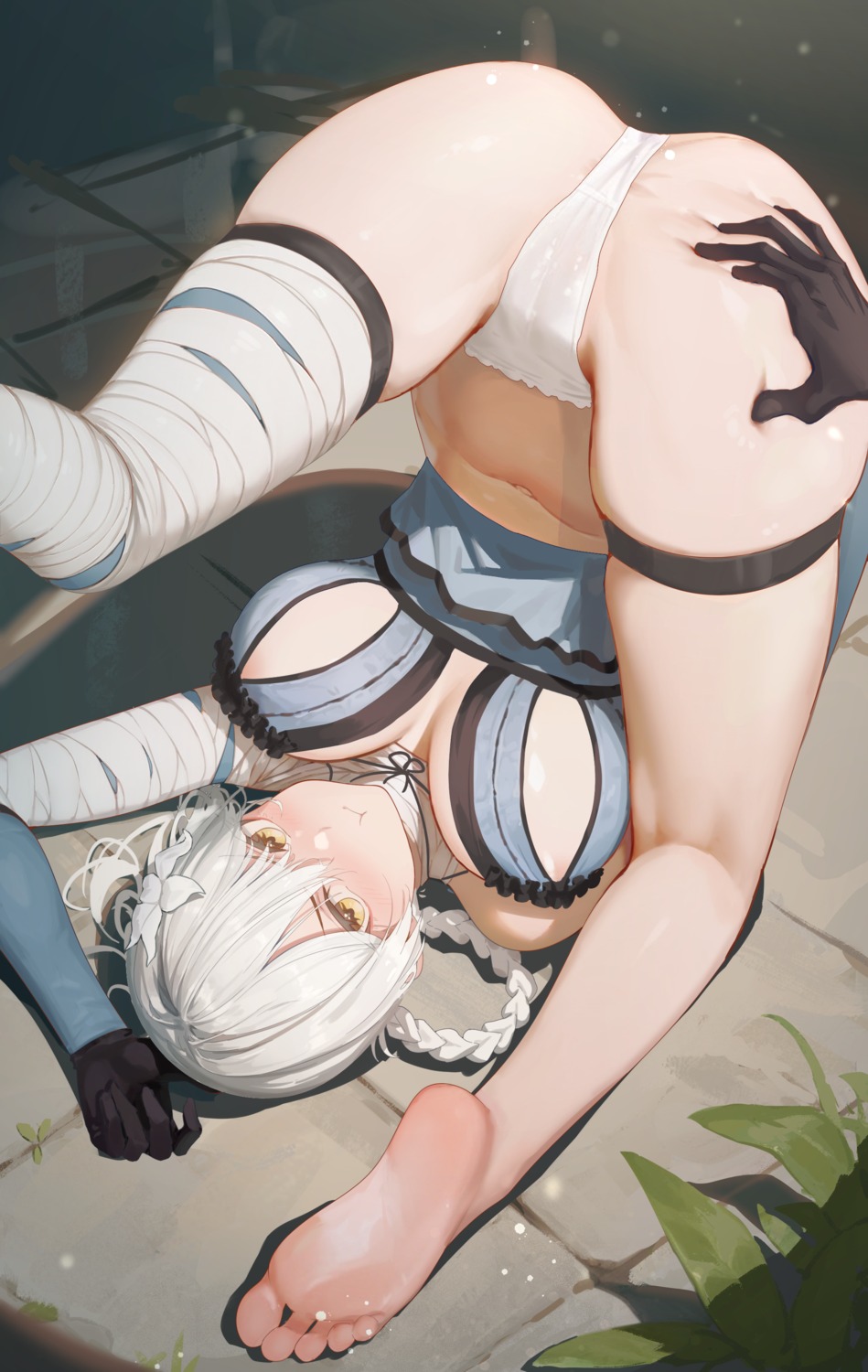 areola bandages cameltoe feet garter kaine_(nier) nier nier_replicant niliu_chahui no_bra pantsu skirt_lift thighhighs thong