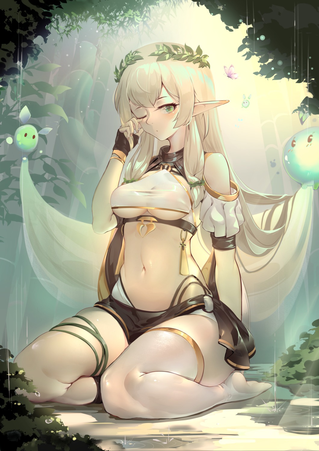 elf no_bra pointy_ears thighhighs underboob xiaoshan_jiang