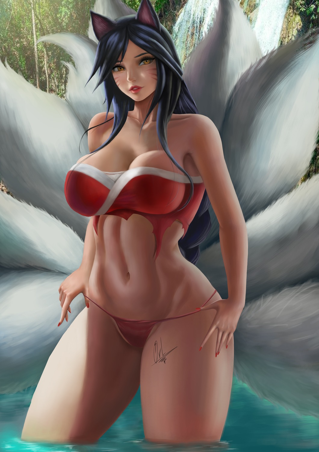 ahri animal_ears kitsune league_of_legends no_bra orly20 pantsu panty_pull tail torn_clothes