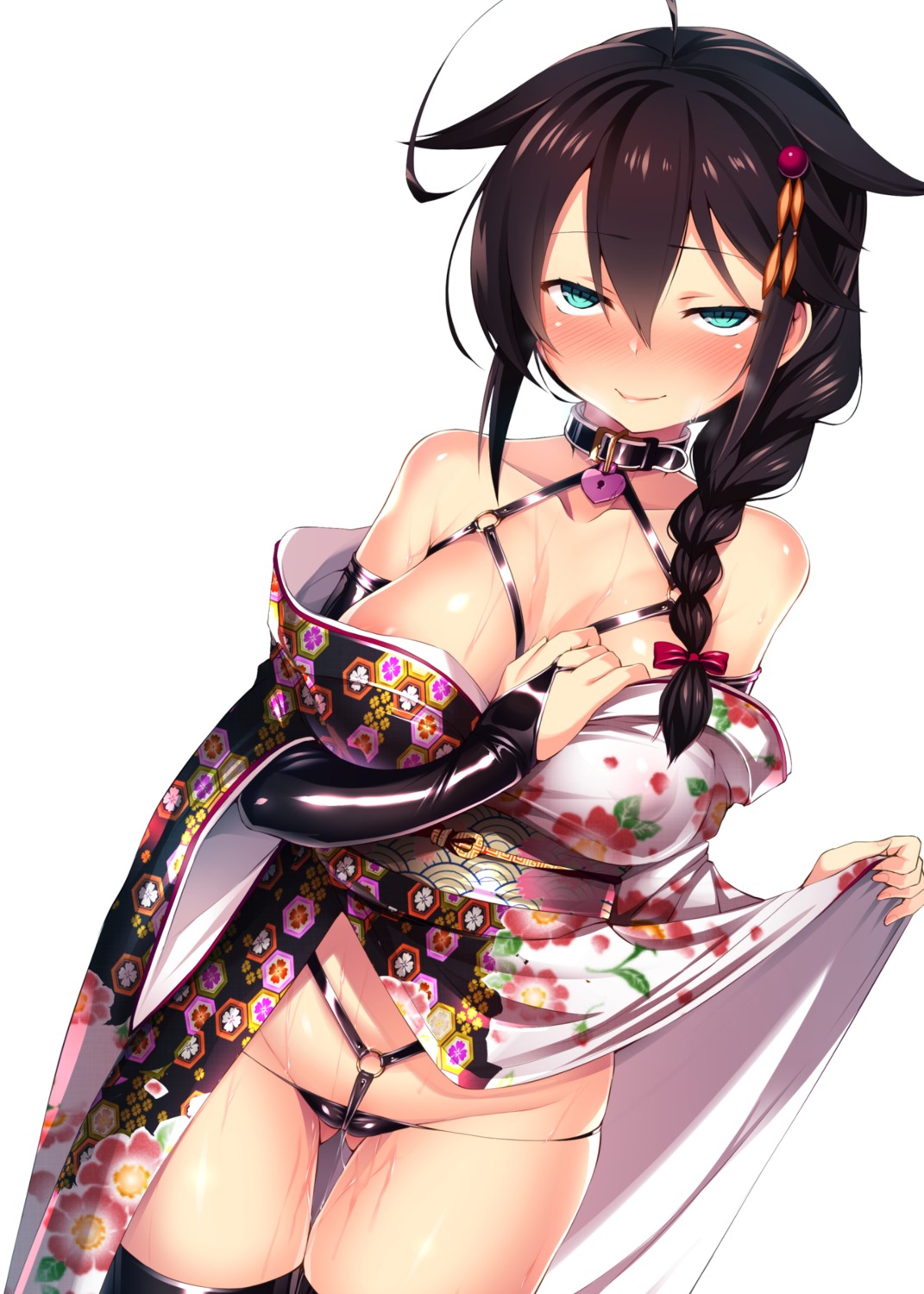 cameltoe cleavage kantai_collection kimono pussy_juice satou_kuuki shigure_(kancolle) skirt_lift thighhighs