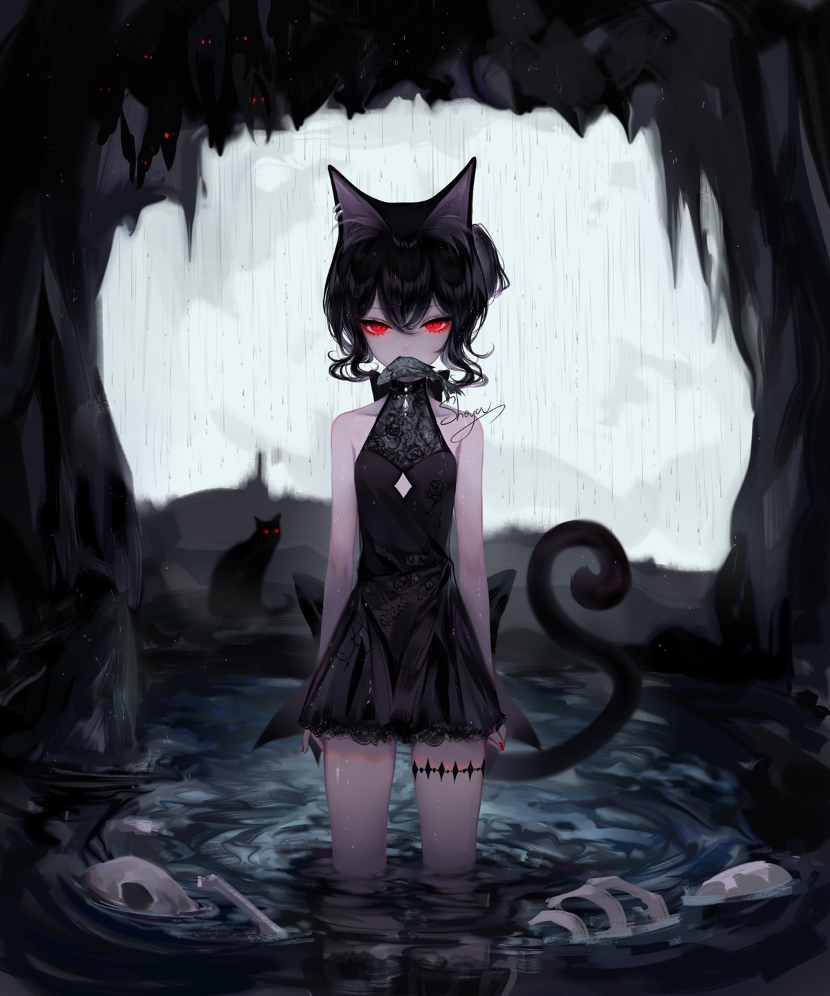 animal_ears dress neko nekomimi sheya tail tattoo wet wet_clothes