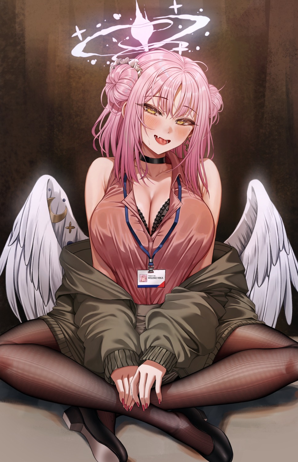 angel blue_archive bra cleavage heels misono_mika nompang open_shirt pantyhose wings