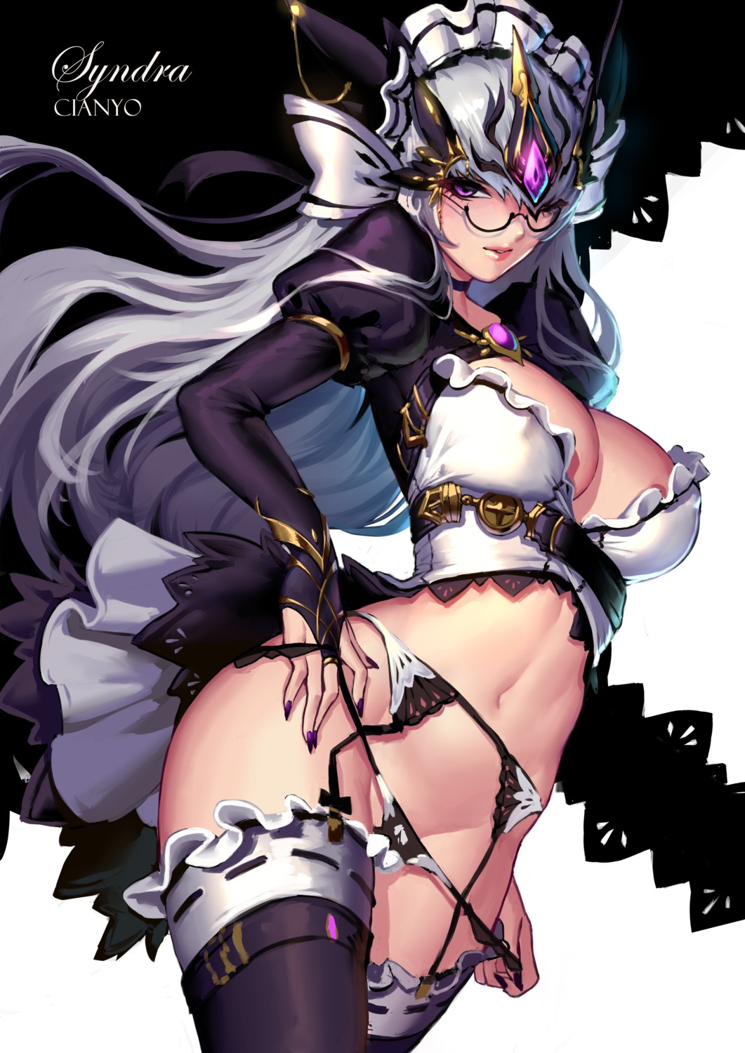 cianyo cleavage erect_nipples garter_belt league_of_legends megane pantsu panty_pull stockings syndra thighhighs undressing