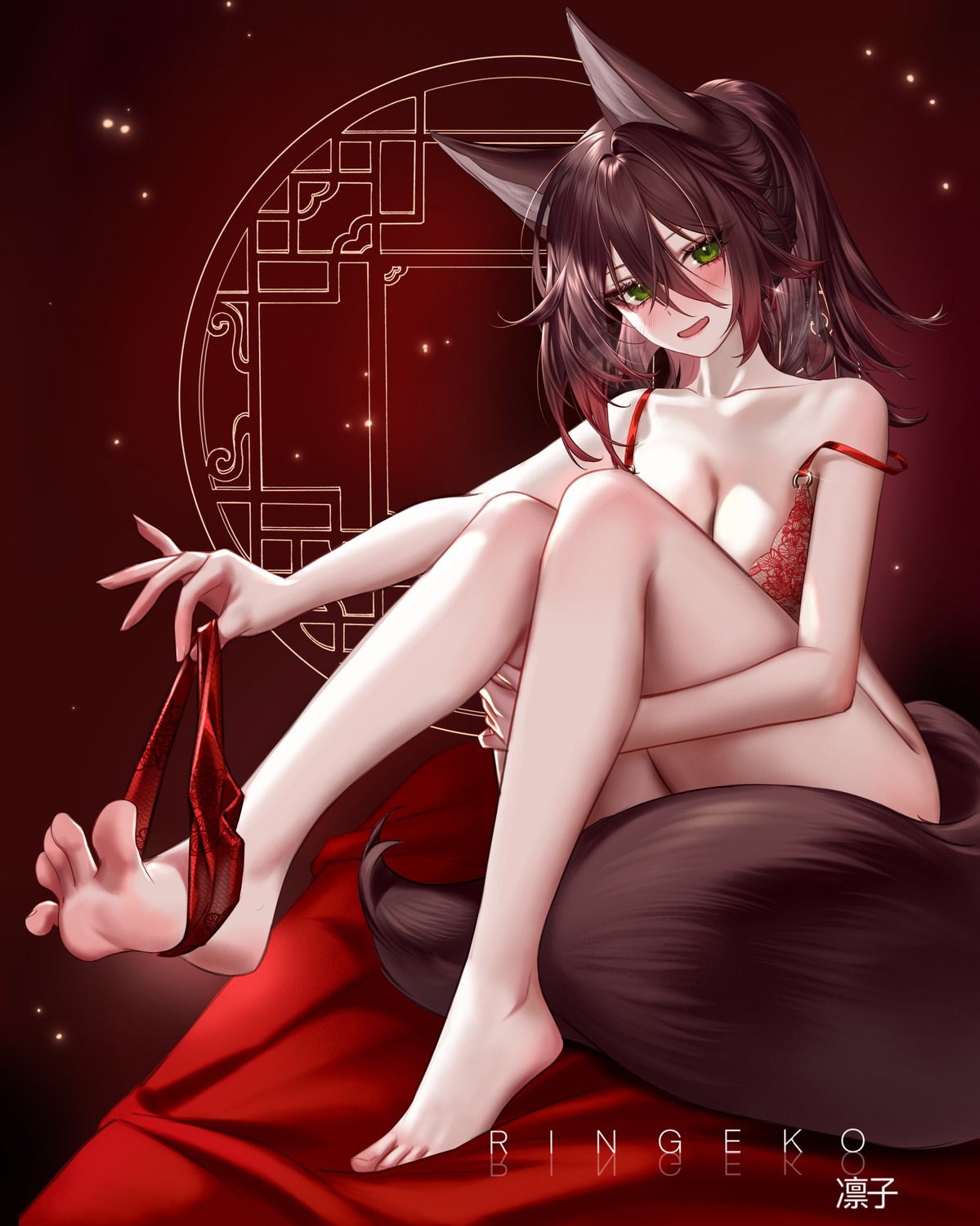 animal_ears bottomless bra feet honkai:_star_rail pantsu panty_pull ringeko-chan tail tingyun undressing