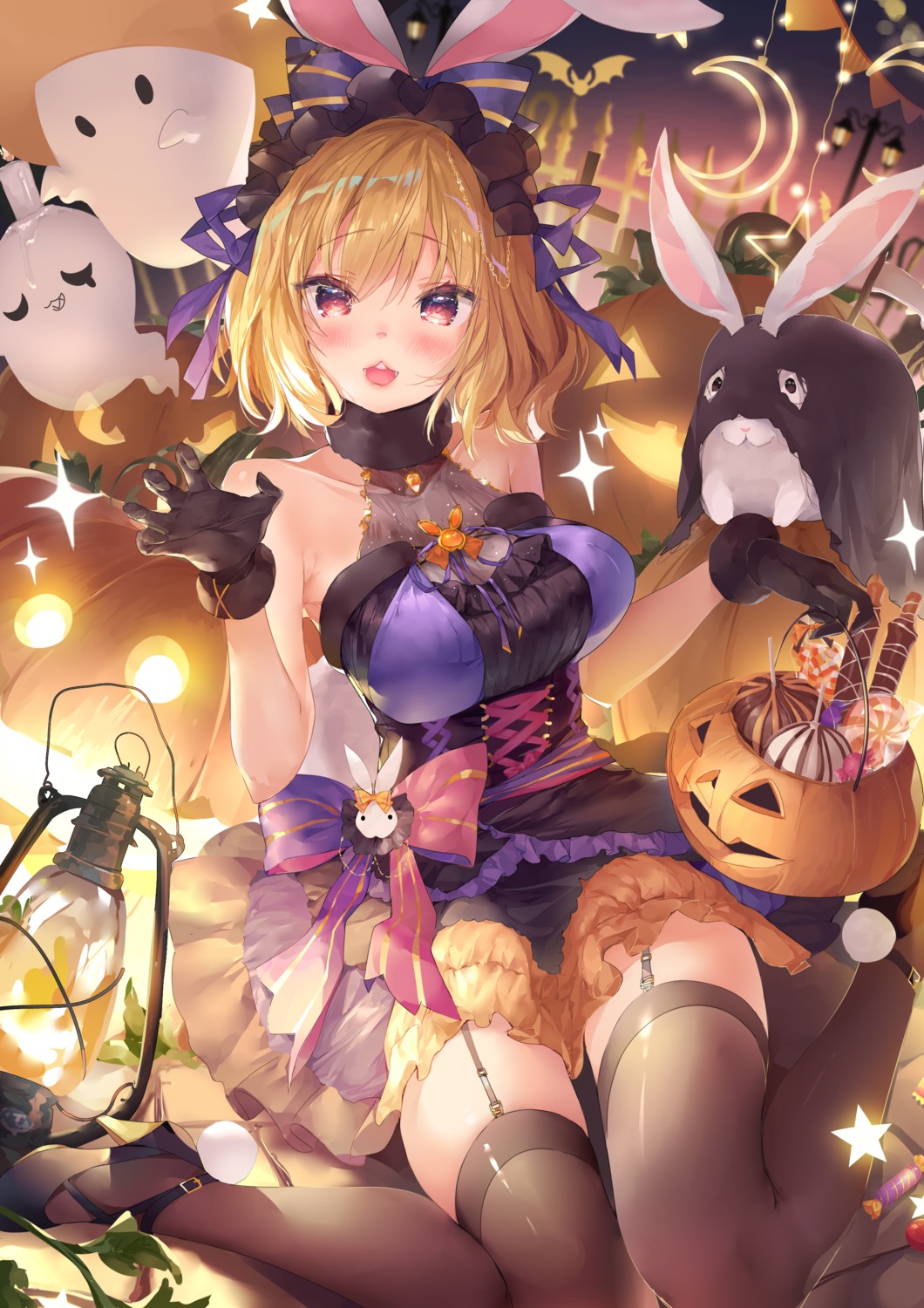 animal_ears bunny_ears cleavage dress halloween heels monster odaefnyo see_through stockings thighhighs