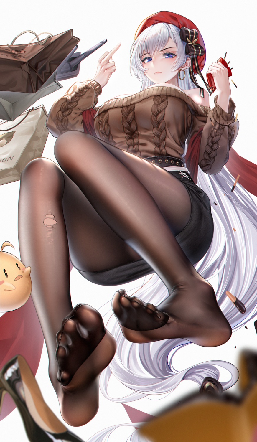 azur_lane belfast_(azur_lane) feet hbb heels manjuu_(azur_lane) pantyhose sweater torn_clothes