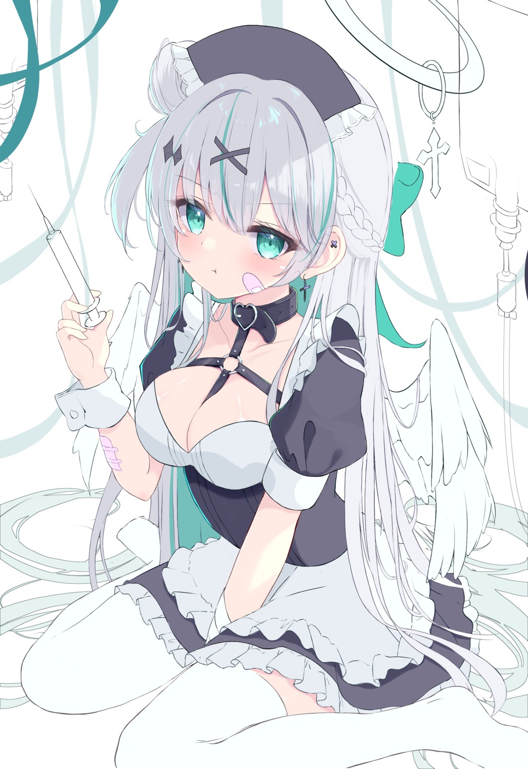 angel bandages bandaid maid mikaze_maruto no_bra sketch thighhighs wings