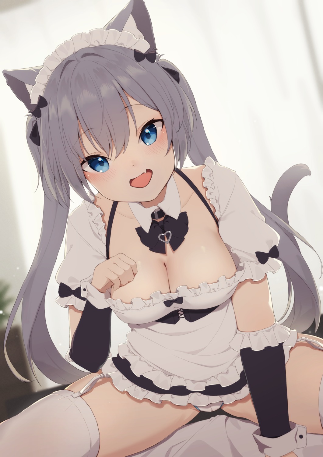 animal_ears hinata_(pixiv53862745) maid nekomimi no_bra pantsu skirt_lift stockings tail thighhighs