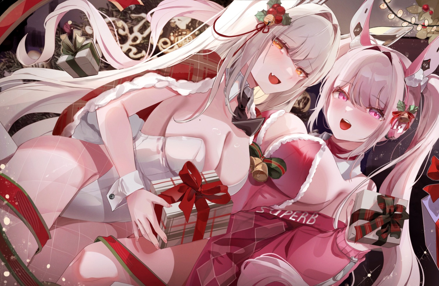 alice_(nikke) animal_ears blanc_(nikke) bunny_ears bunny_girl christmas dolechan fishnets goddess_of_victory:_nikke no_bra pantyhose