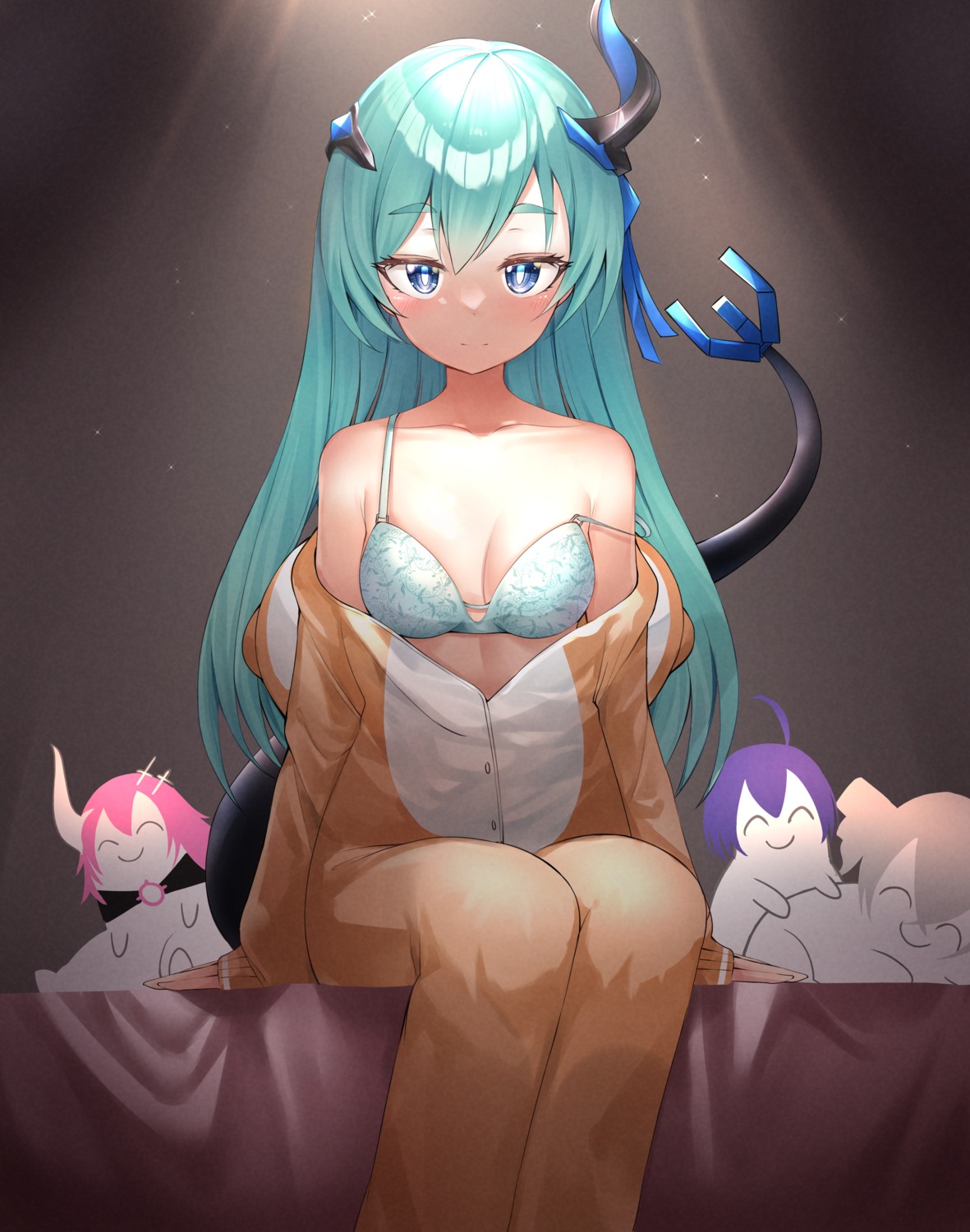 benghuai_xueyuan bra chibi gr_greeze honkai_impact horns open_shirt tail