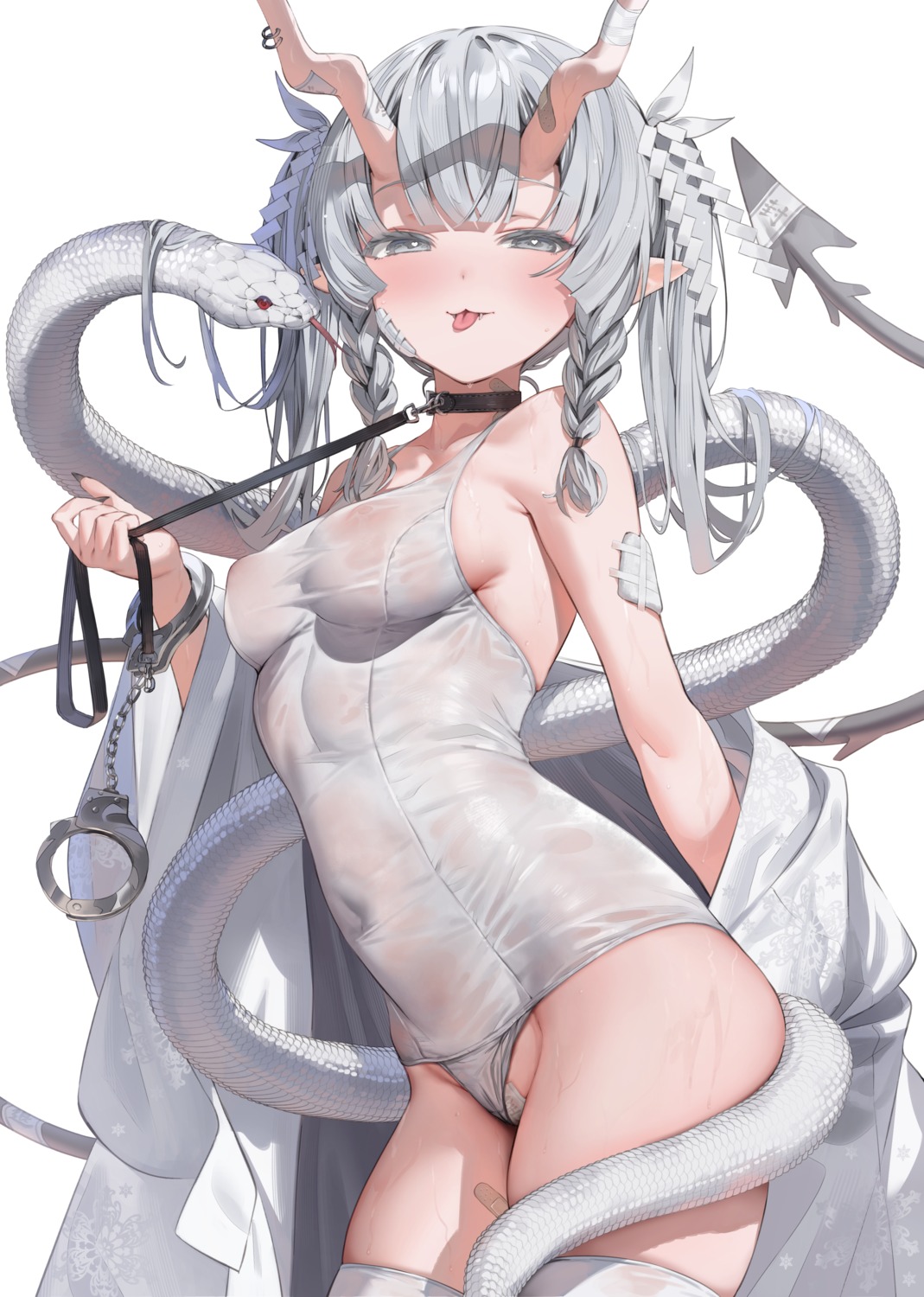 areola bandages bandaid erect_nipples horns japanese_clothes loli maebari panty_pull paseri pointy_ears school_swimsuit see_through swimsuits tail thighhighs thong wet wet_clothes