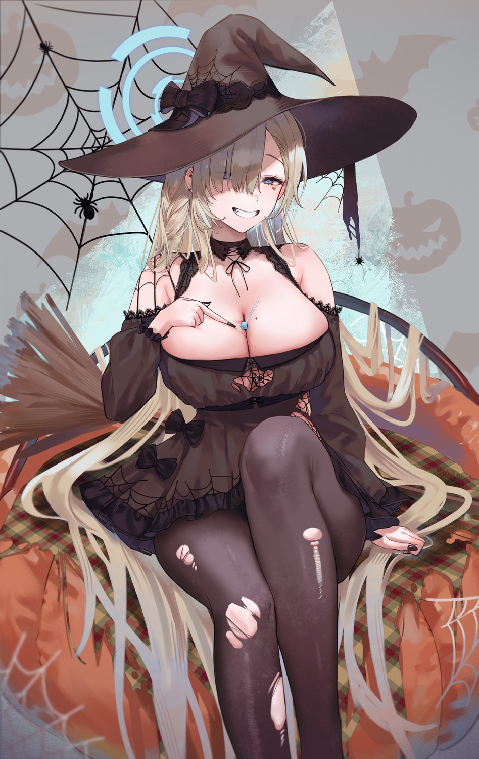 blue_archive dress halloween halo ichinose_asuna merumeko no_bra pantyhose torn_clothes witch