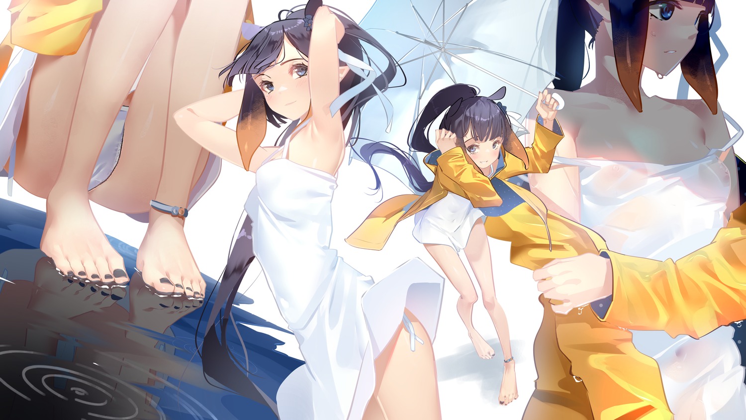 animal_ears bikini dress feet hololive hololive_english ninomae_ina'nis no_bra pointy_ears see_through summer_dress swimsuits sydus umbrella wet_clothes