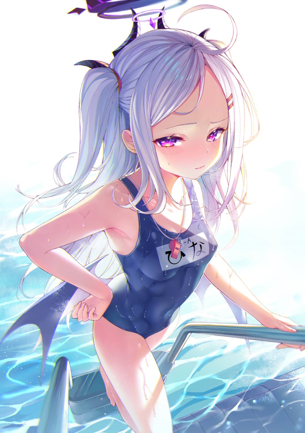 blue_archive devil halo horns loli school_swimsuit sorasaki_hina swimsuits togami_(tobysou526) wet wings