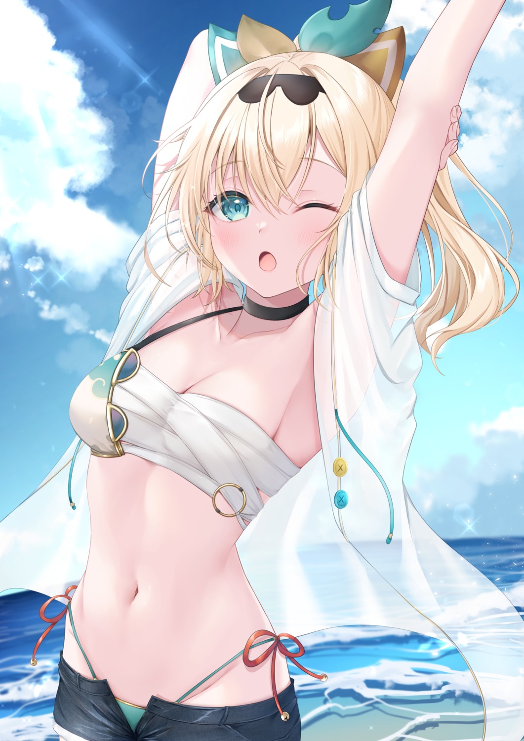 bikini hololive kazama_iroha nagura_shiro open_shirt sarashi see_through swimsuits