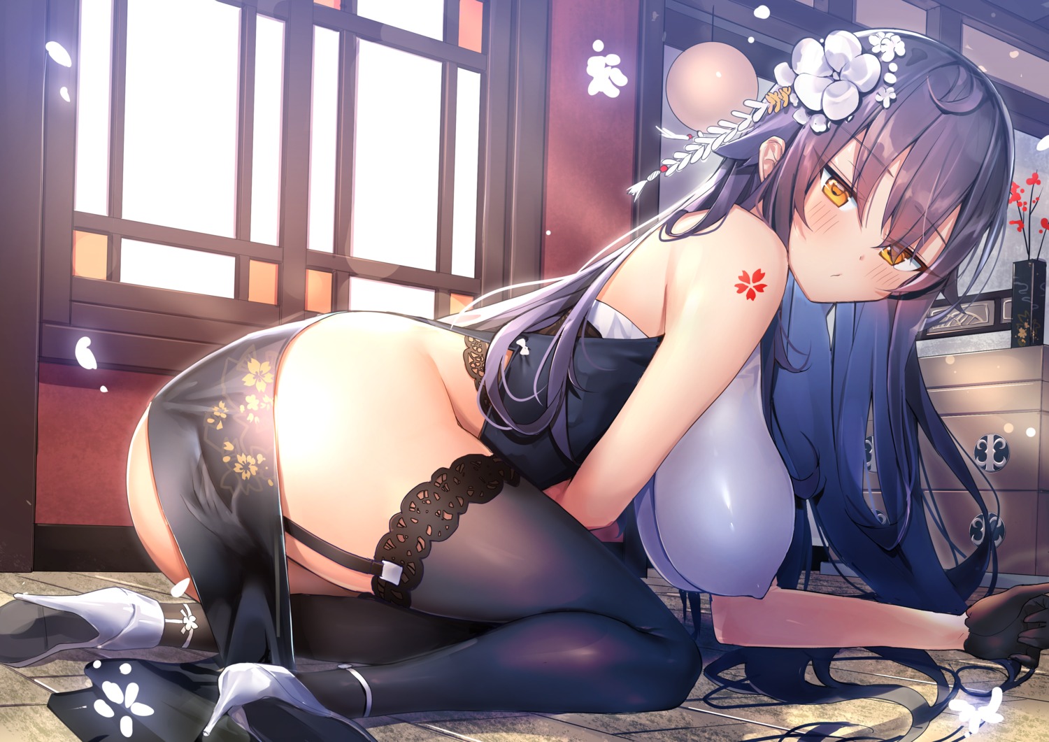 ass azuma_(azur_lane) azur_lane chinadress erect_nipples heels stockings tattoo thighhighs wakamore_(getguacamole)