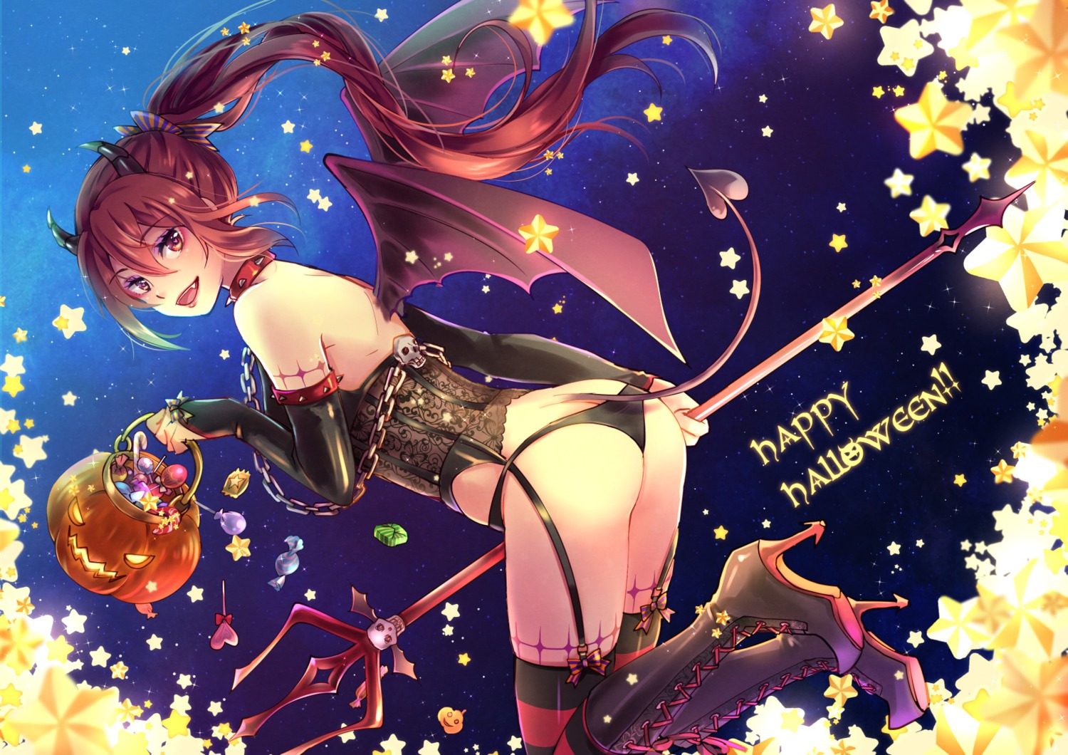 ass bikini free! halloween heels horns matsuoka_gou momoko pantsu stockings swimsuits tail tattoo thighhighs weapon wings