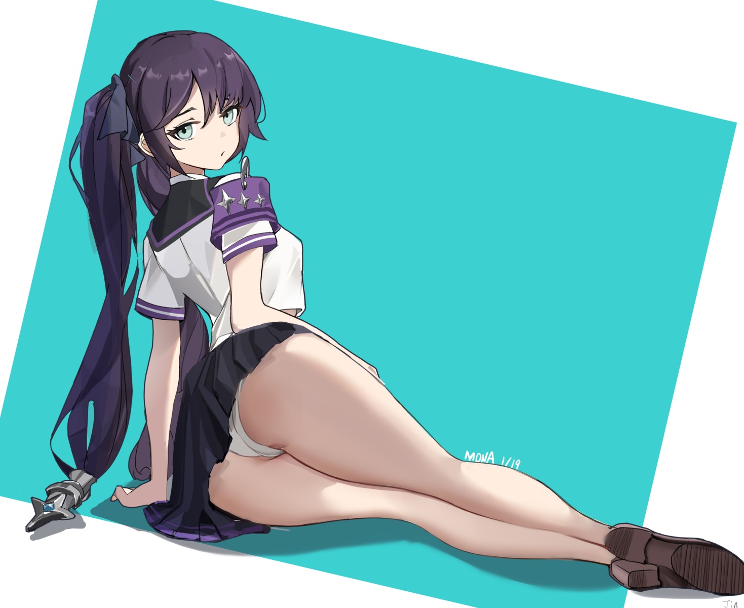 ass genshin_impact mona_megistus nico-weiyan pantsu seifuku skirt_lift thong