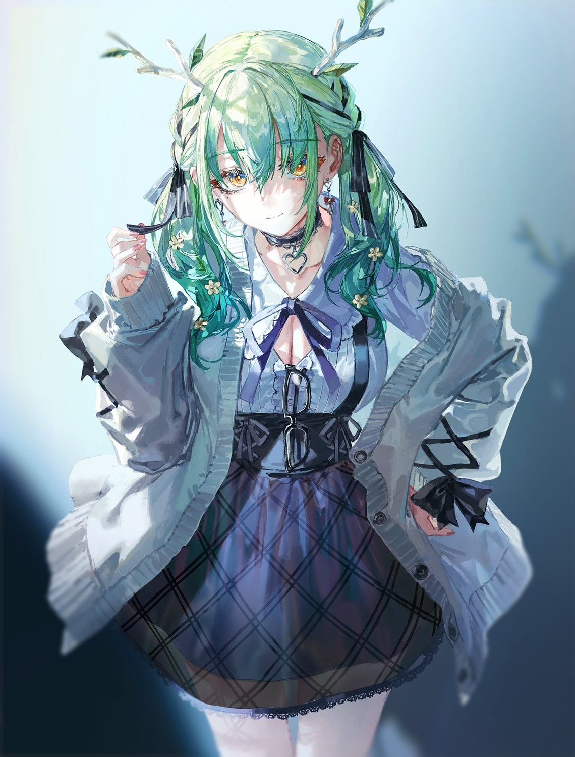 ceres_fauna cleavage hololive hololive_english horns quasarcake see_through sweater