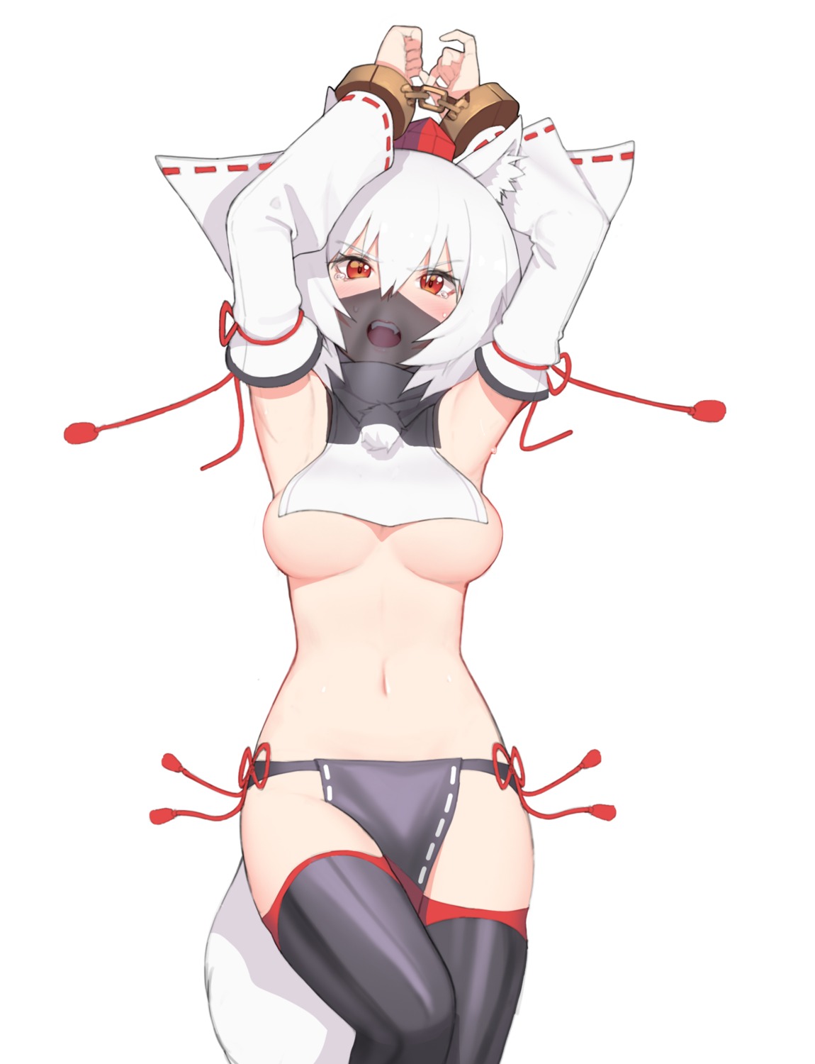 animal_ears bondage inubashiri_momiji migu_(iws2525) no_bra tail thighhighs touhou underboob