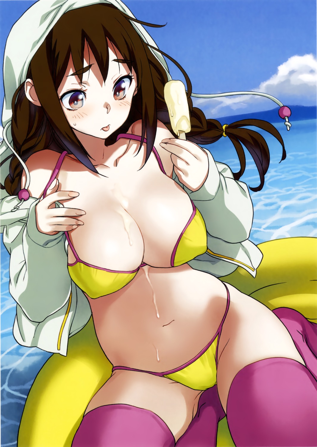 bikini cleavage cream erect_nipples open_shirt sameda_koban swimsuits thighhighs toranoana