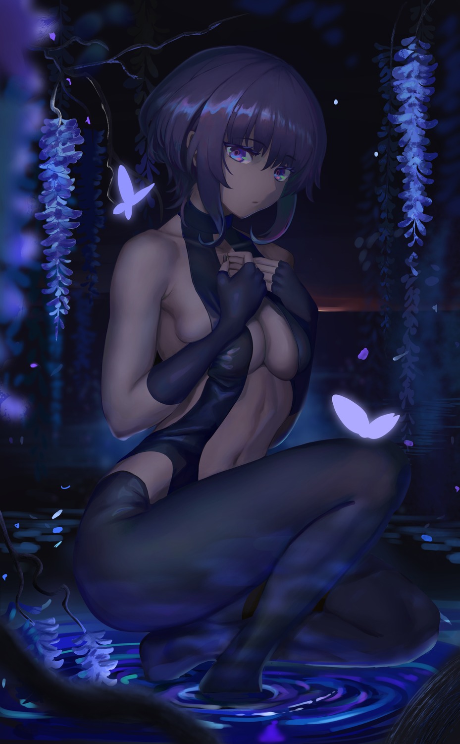 b-pang breast_hold fate/grand_order hassan_of_serenity_(fate) leotard no_bra pantyhose wet