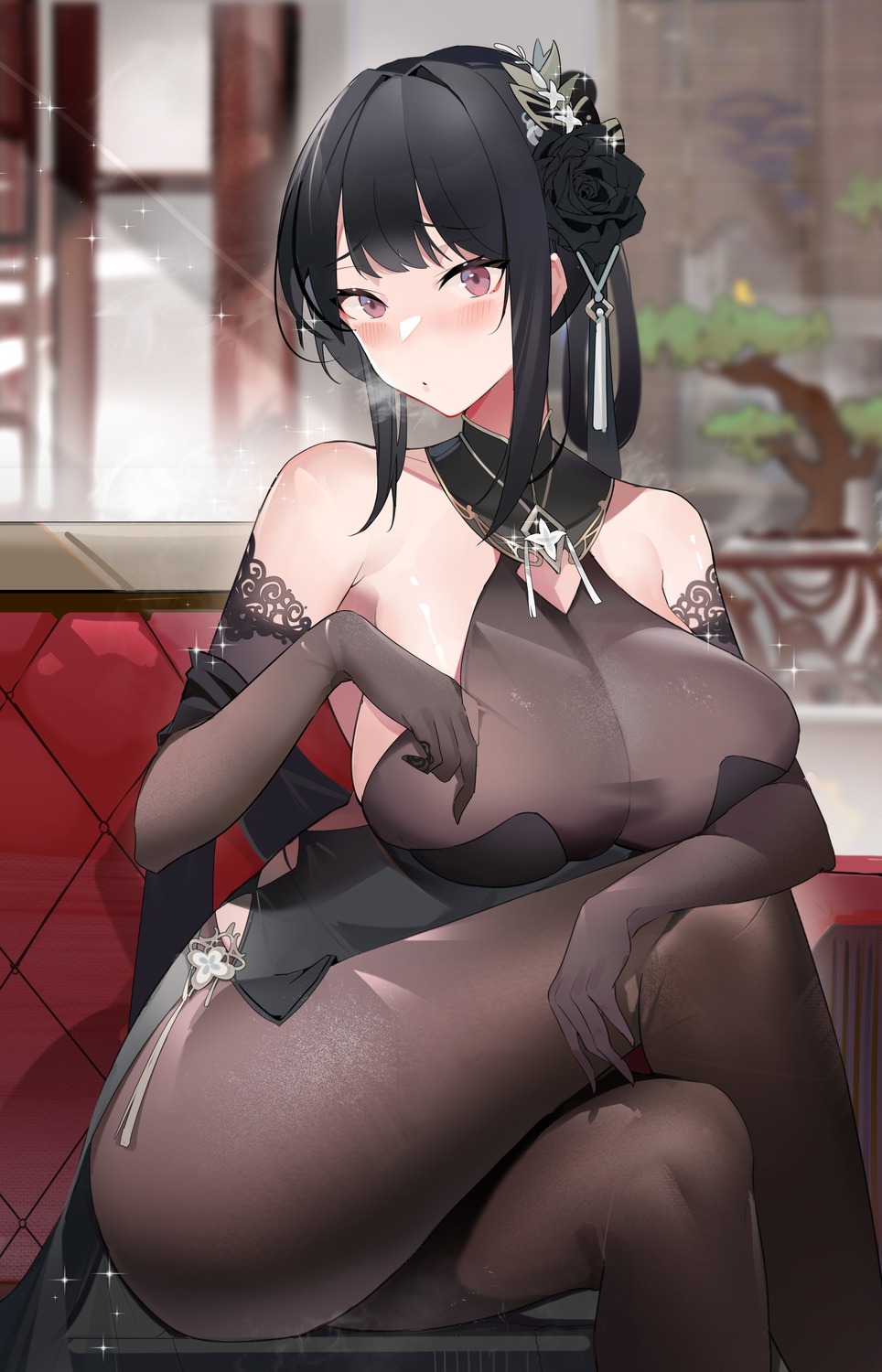 550098 asian_clothes azur_lane breast_hold chen_hai_(azur_lane) no_bra pantyhose see_through skirt_lift