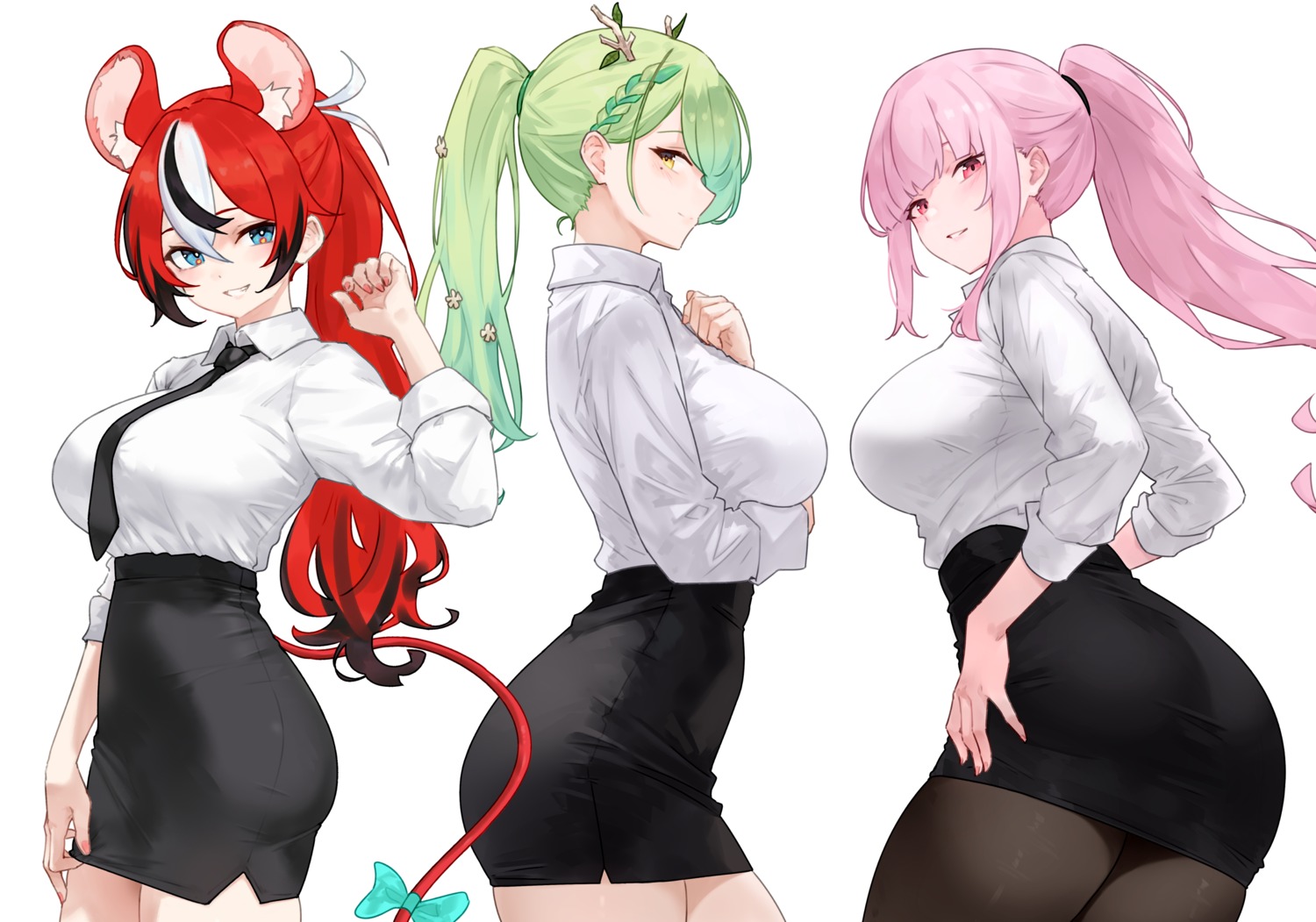 animal_ears ass bluefield ceres_fauna dress_shirt hakos_baelz hololive hololive_english horns mori_calliope pantyhose tail