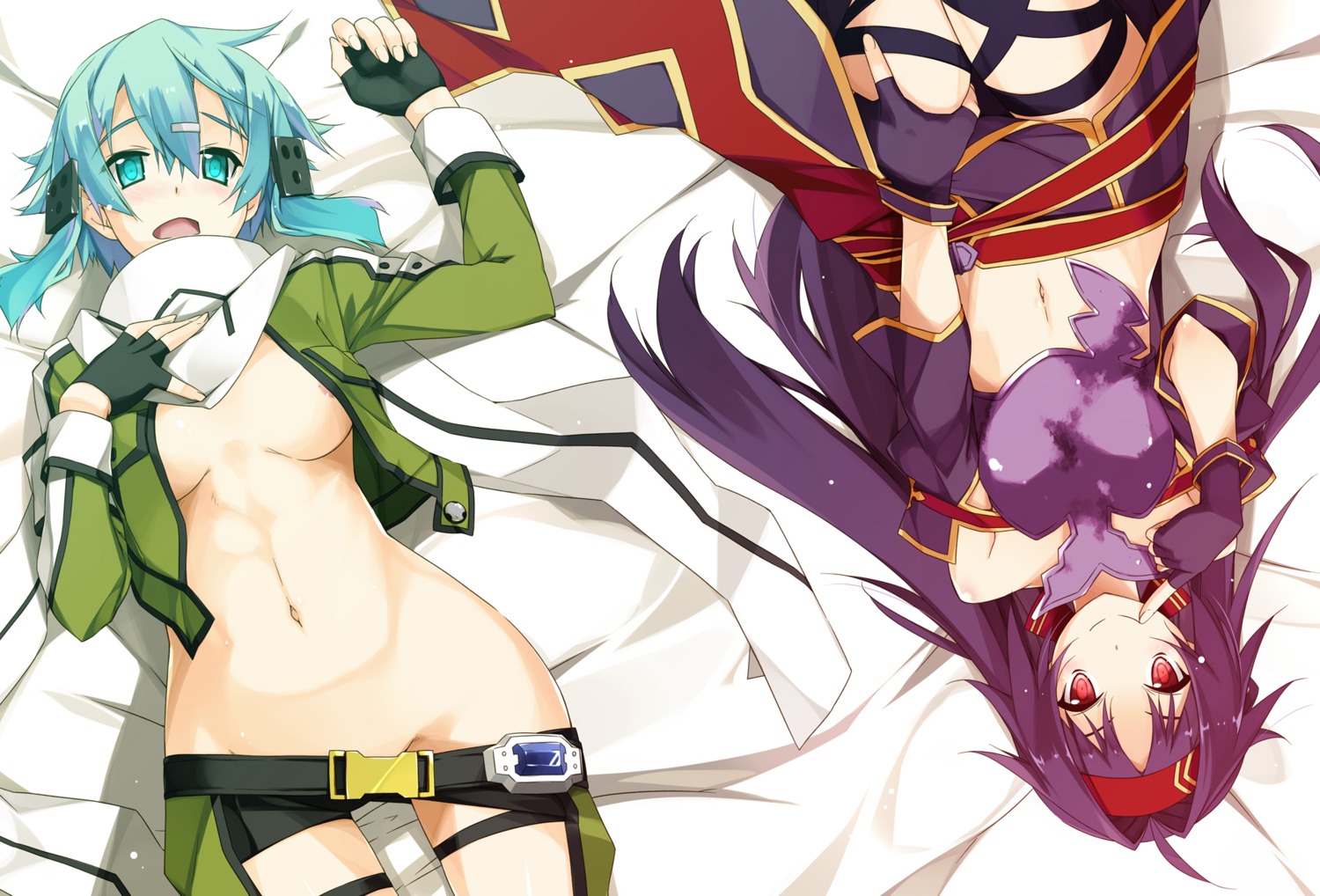 areola konno_yuuki no_bra nopan open_shirt shikei sinon sword_art_online