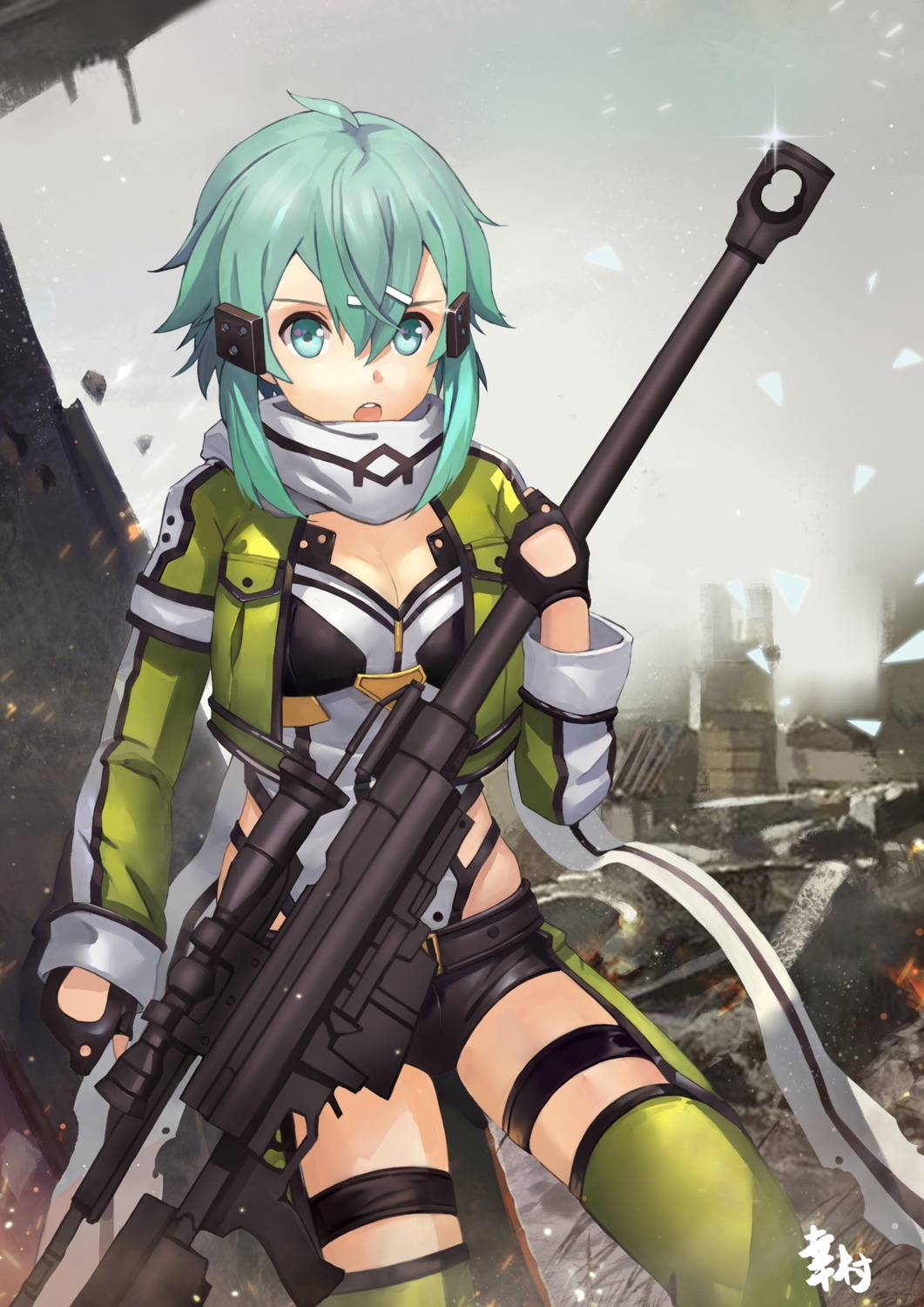 cleavage garter gun gun_gale_online insoom sinon sword_art_online thighhighs