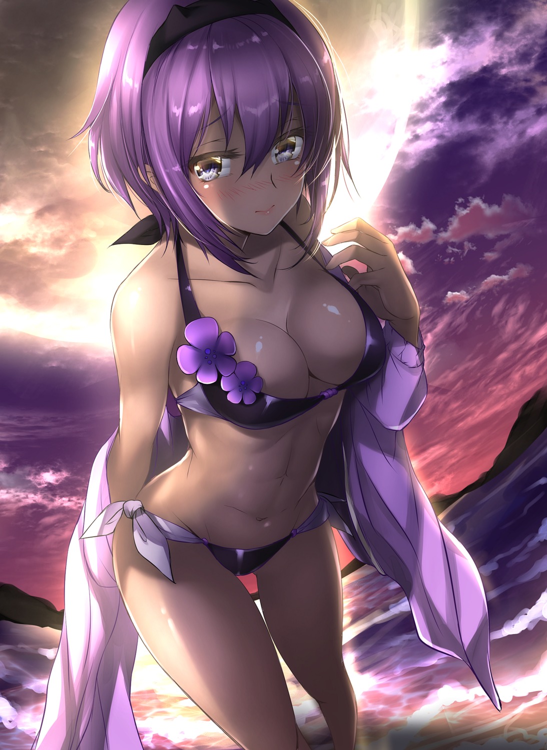 bikini cleavage fate/grand_order fate/prototype:_fragments_of_blue_and_silver hassan_of_serenity_(fate) mia_(gute-nacht-07) open_shirt swimsuits
