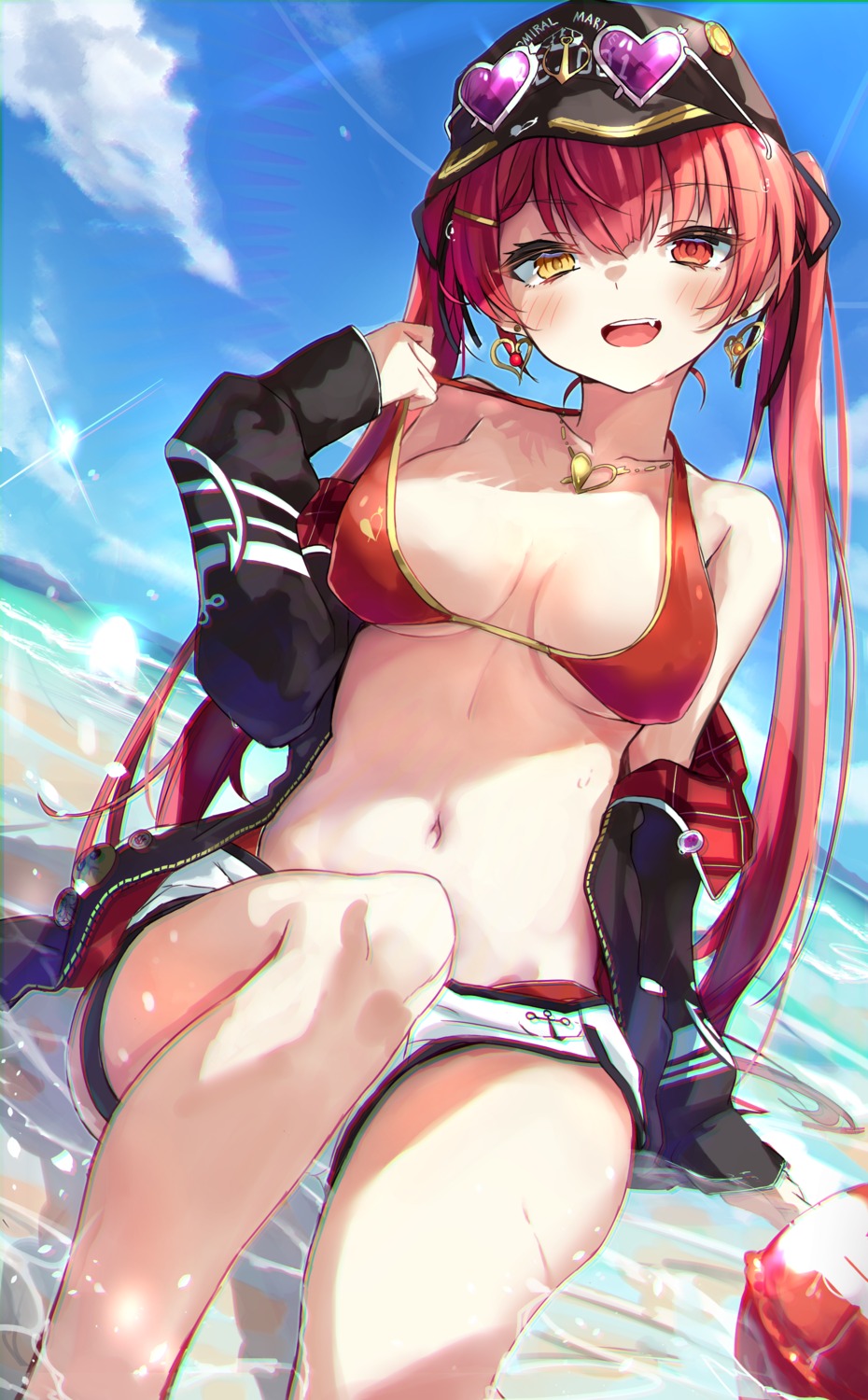 bikini_top heterochromia hololive houshou_marine megane open_shirt swimsuits toshizou_(0714) undressing wet