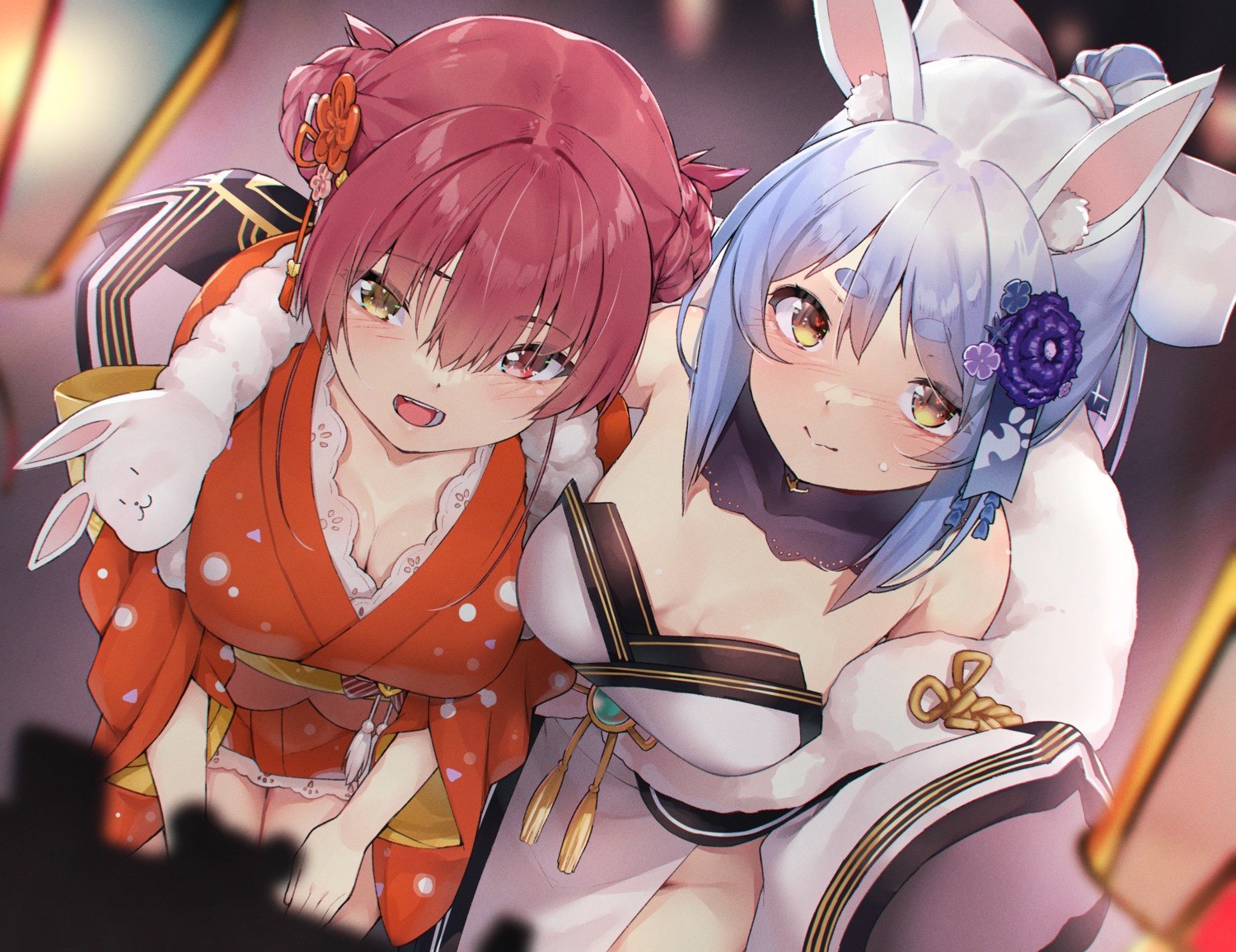 animal_ears bunny_ears cleavage heterochromia hololive houshou_marine japanese_clothes koubou_(cowbow_kun) no_bra usada_pekora yukata