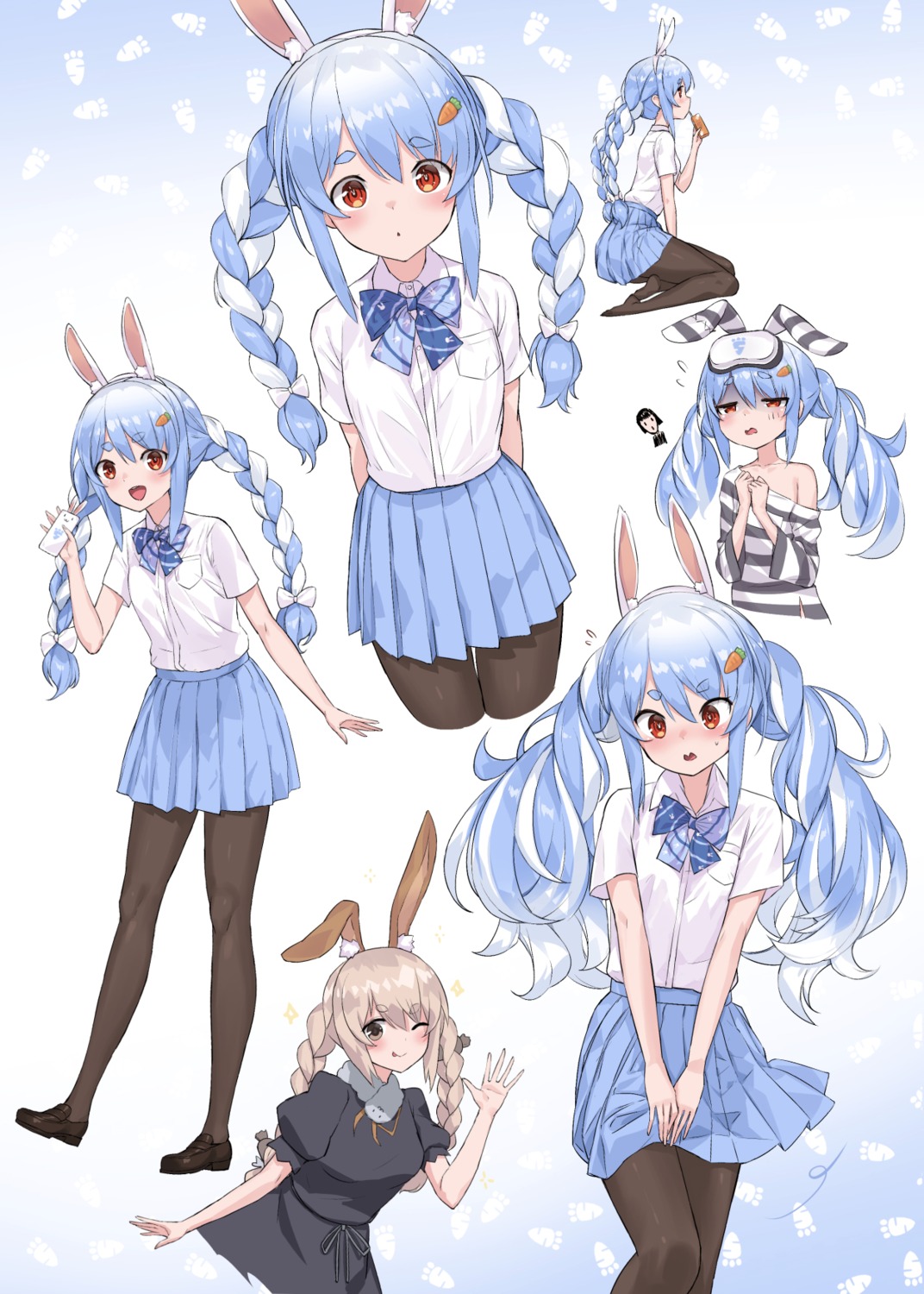 animal_ears bunny_ears crystal_shoujo dress hololive no_bra seifuku skirt_lift usada_pekora