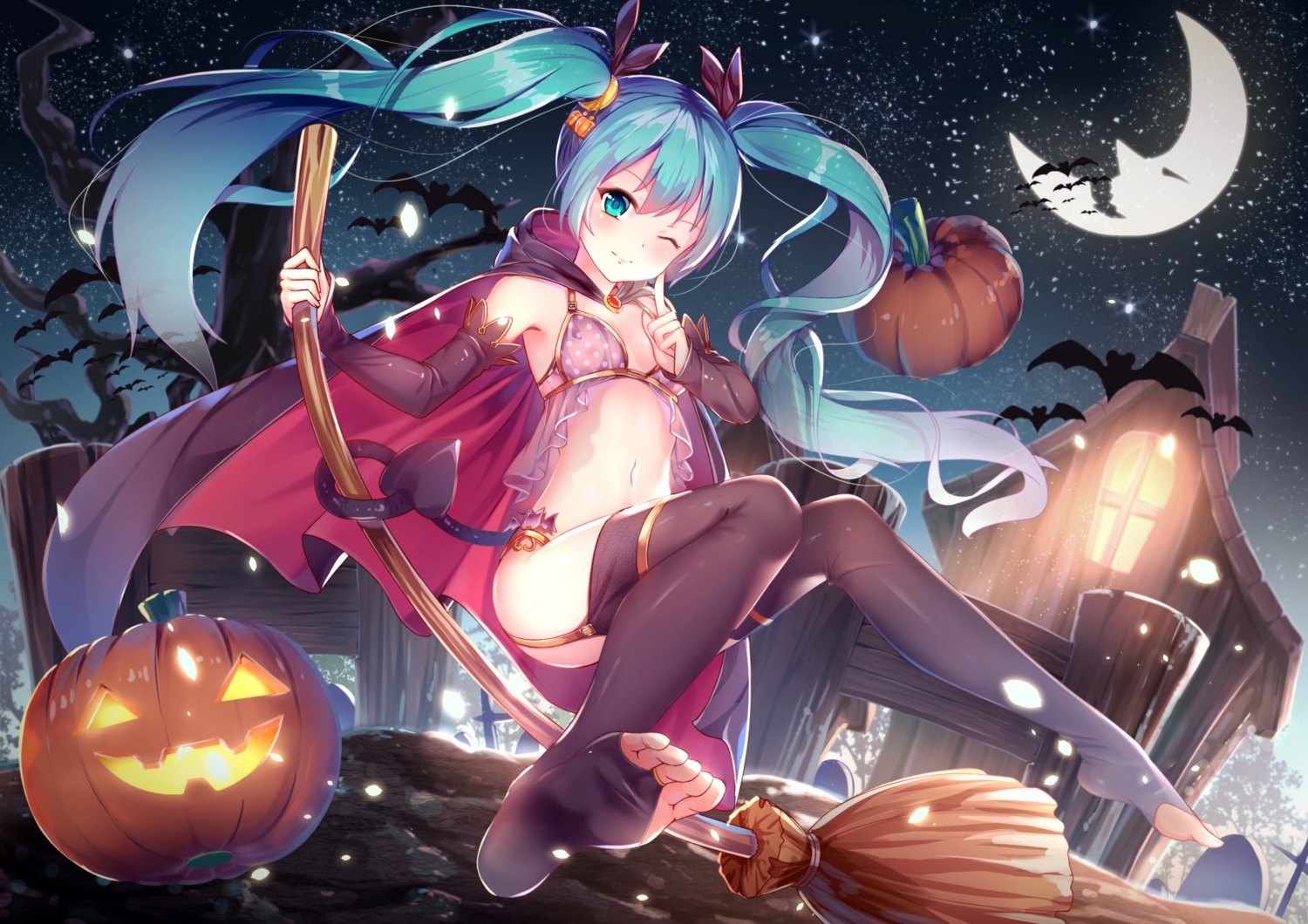 bra cleavage feet halloween hatsune_miku lingerie see_through stockings tail thighhighs vocaloid yan_(nicknikg)